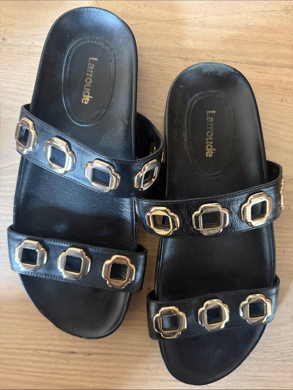 Larroude Black Leather Slide Sandals with Gold Accents